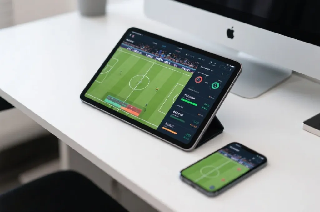 A high-end tablet and smartphone displaying real-time sports statistics and interactive live match screen on a clean workspace background